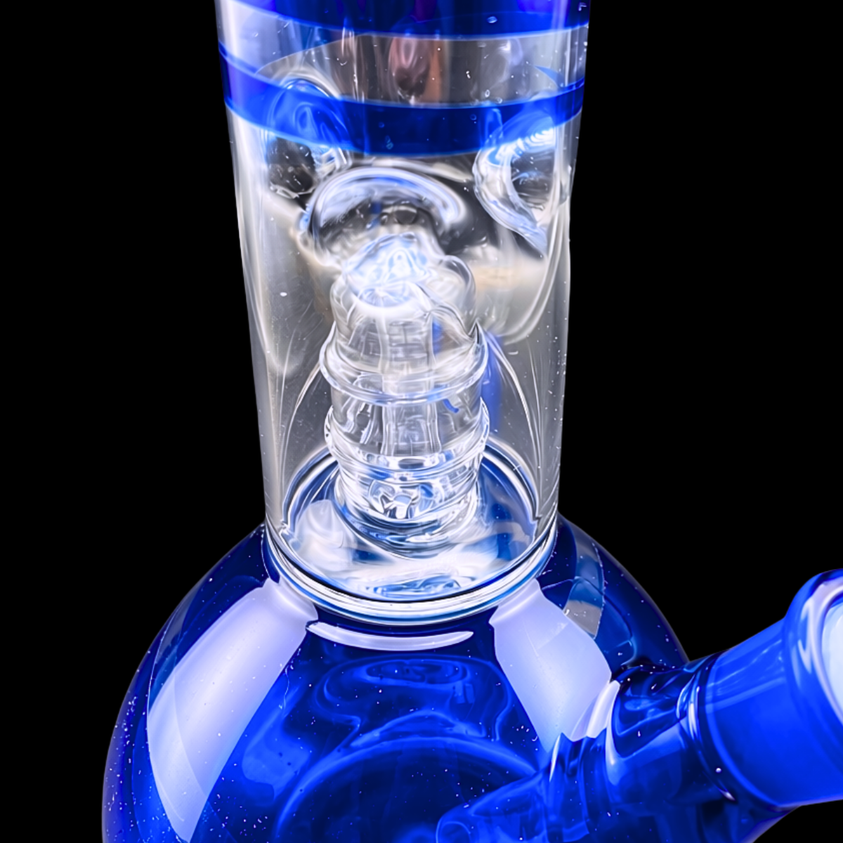 Close-up of the Neon Helix blue glass bong showing its built-in percolator and spiral design