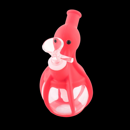 Red Octopus-shaped silicone and glass bong with tentacle design and glass bowl attachment

