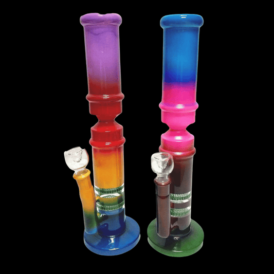 Double disk painted glass bong, 35.5 cm tall, 600 g, mixed colours