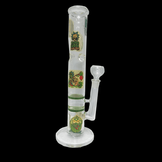 Ice-pinch double disk glass bong, 35.5 cm, ~600 g, clear with printed panels