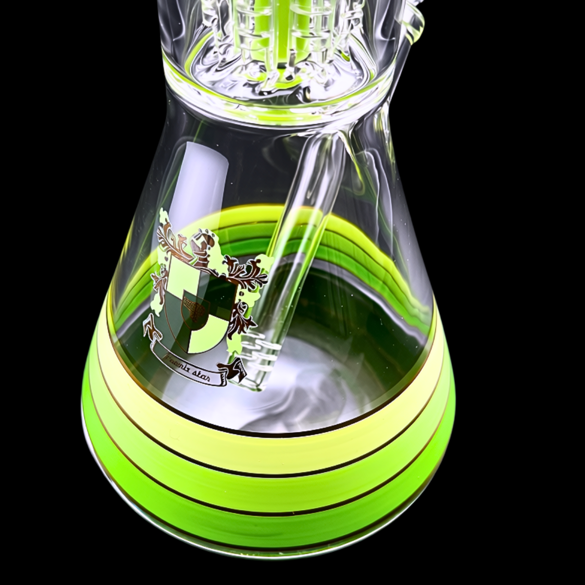 Milky-green base and lower percolator inside the Phoenix Star Emerald Trinity bong