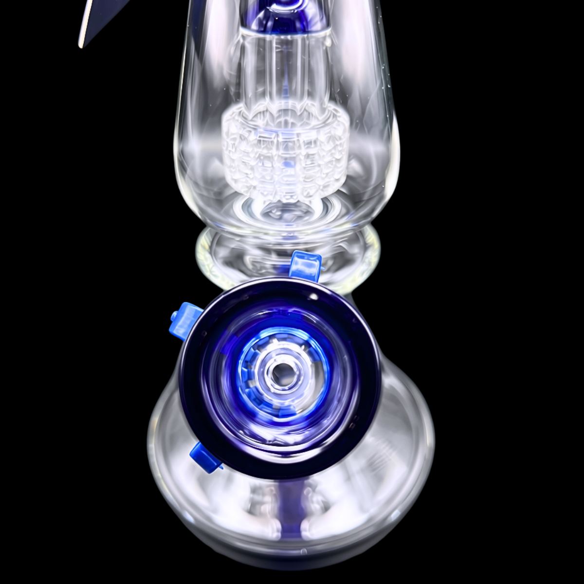 Top view of the blue glass connection on the Phoenix Star matrix bong