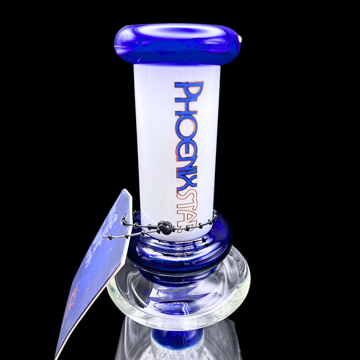 Close-up of the blue Phoenix Star branding and upper glass chamber