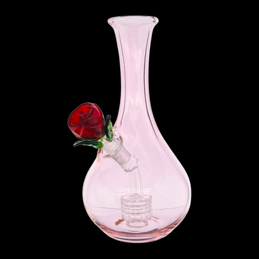 Pink rose glass bong with sculpted red rose stem and built-in percolator, 18 cm, blush base