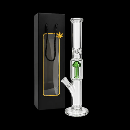 1. Emerald Core glass percolator bong displayed beside its black-and-gold gift box