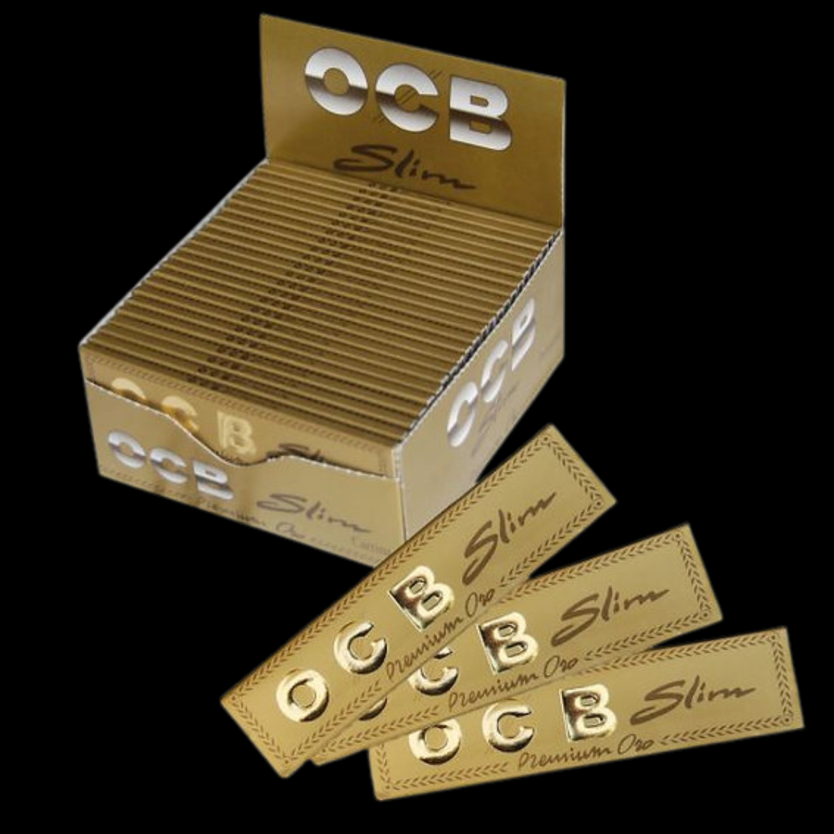 Close-up of OCB Premium Gold rolling papers highlighting ultra-thin texture.
