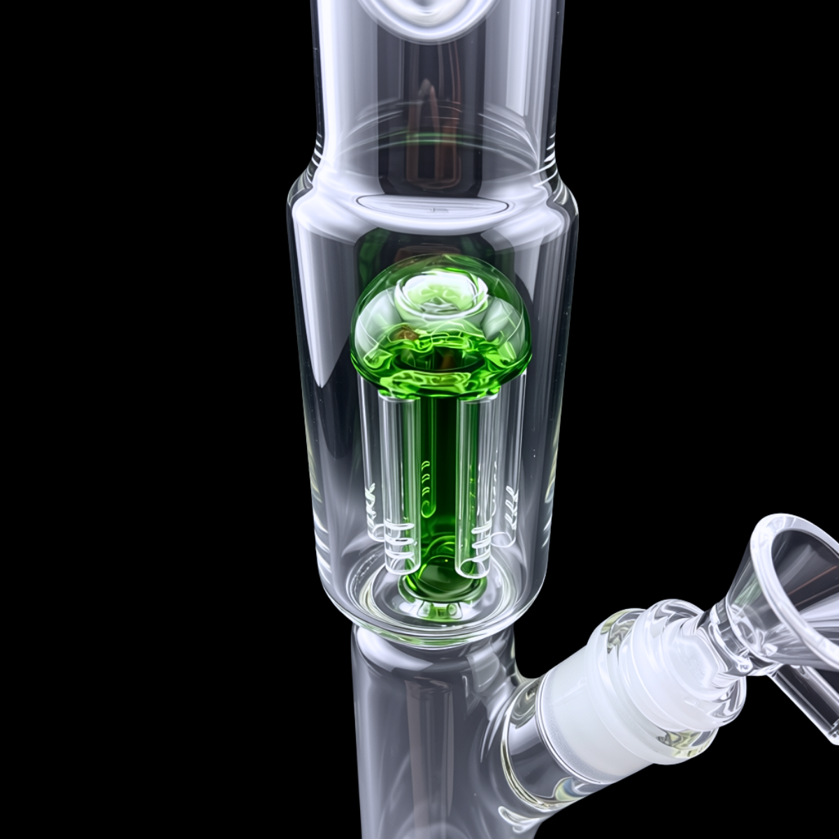 Close-up of the Emerald Core bong’s green internal glass percolator