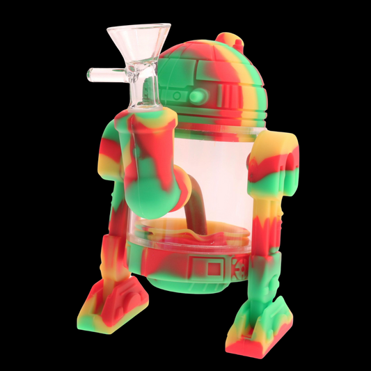 R2D2-inspired robot bong made from silicone and glass – colourful sci-fi smoking accessory

