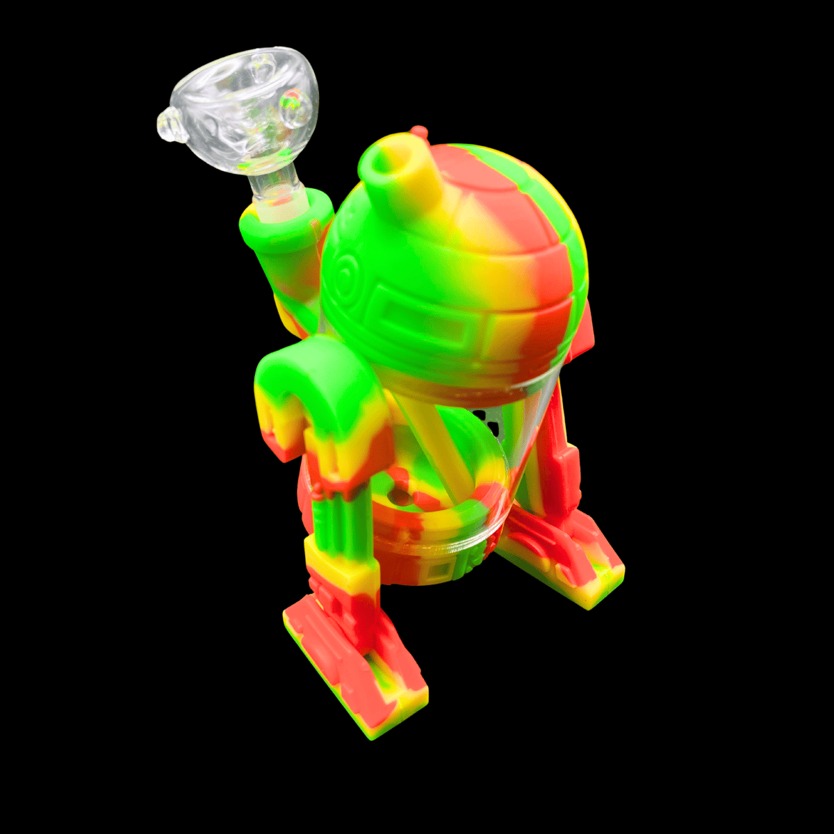 Green and orange R2D2-style silicone and glass robot bong – 14cm