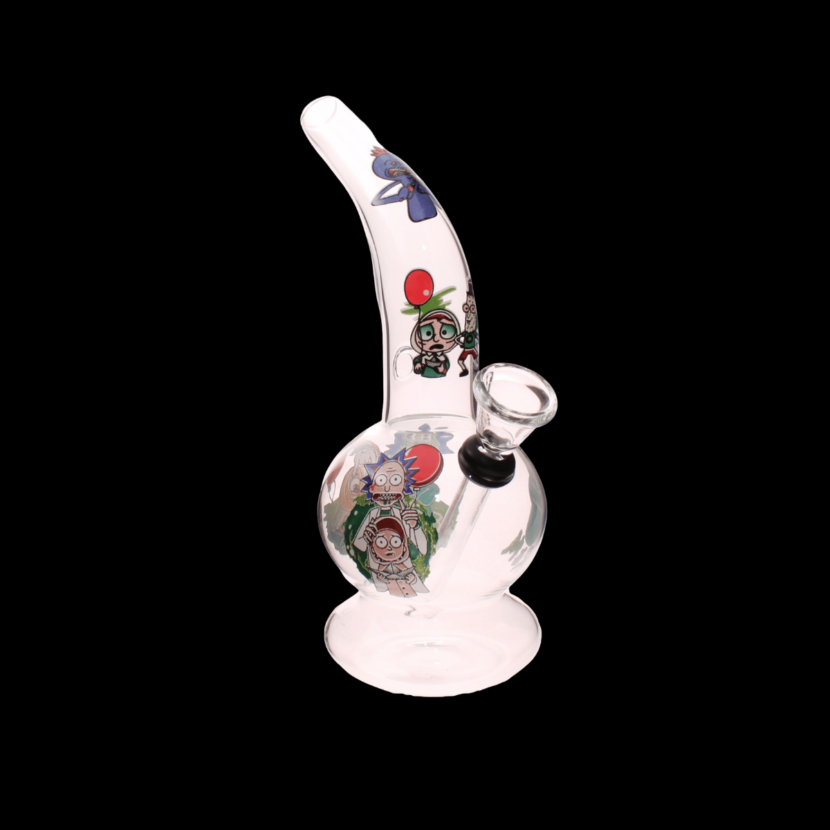 Rick and Morty curved-neck glass bong with cartoon artwork and round bubble base
