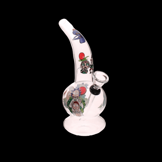 Rick and Morty curved-neck glass bong with cartoon artwork and round bubble base