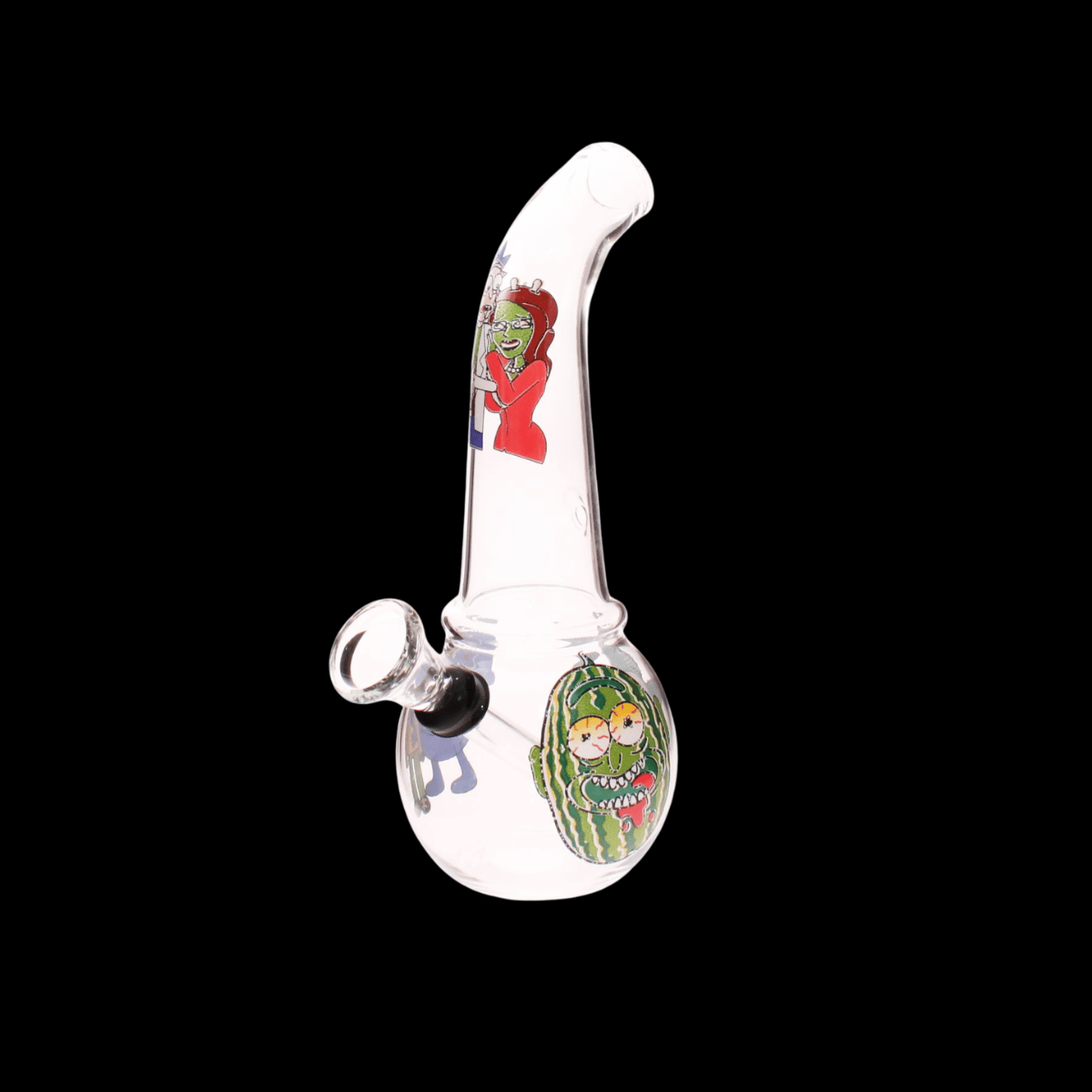Rick and Morty mini curved-neck glass bong with colourful cartoon artwork 18cm