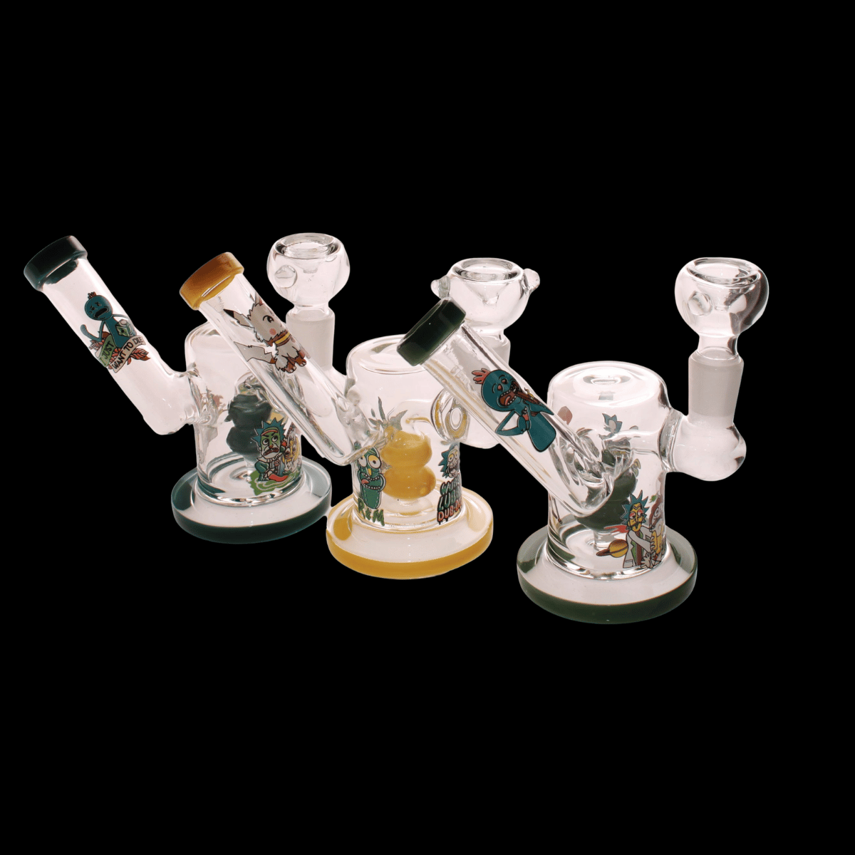 Rick and Morty mini cylinder glass bongs with assorted artwork and coloured accents 11.5cm