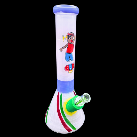 Rasta Rascal 20cm white glass bong with cartoon artwork and red gold and green striped base