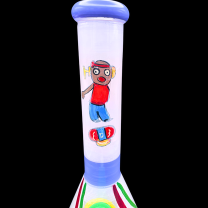 Close-up of cartoon character artwork on the Rasta Rascal glass bong