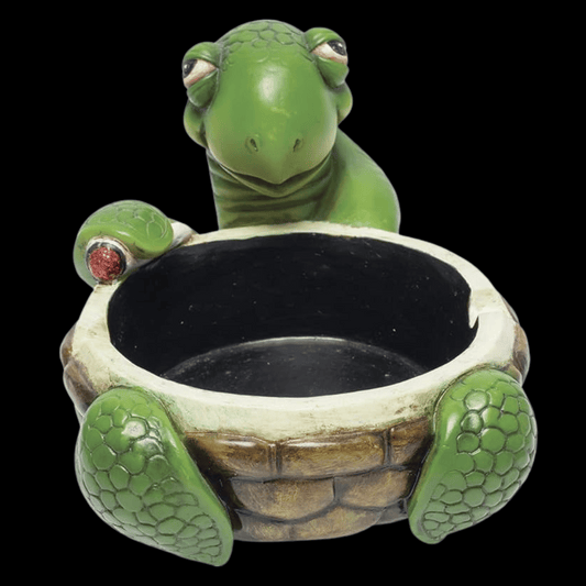 Cute resin turtle weed ashtray holding deep bowl with cannabis leaf