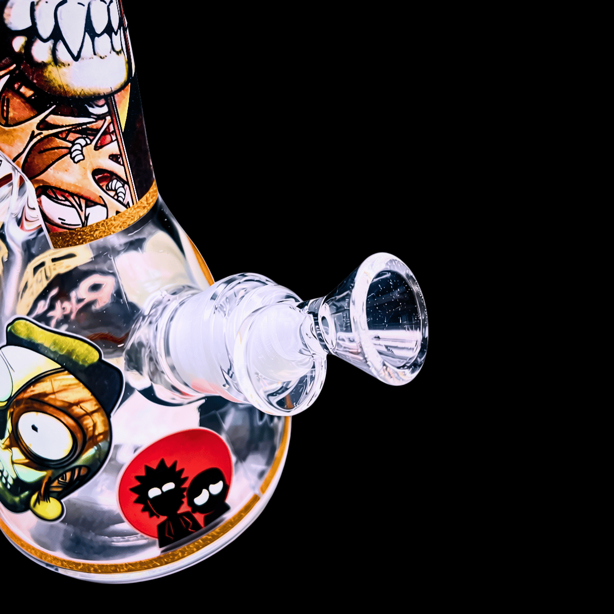 Character Collage beaker bong showing printed base artwork, glass downstem and bowl