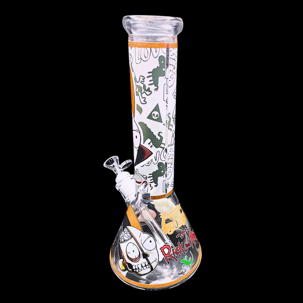 Full-length angled view of the Character Collage glass beaker bong