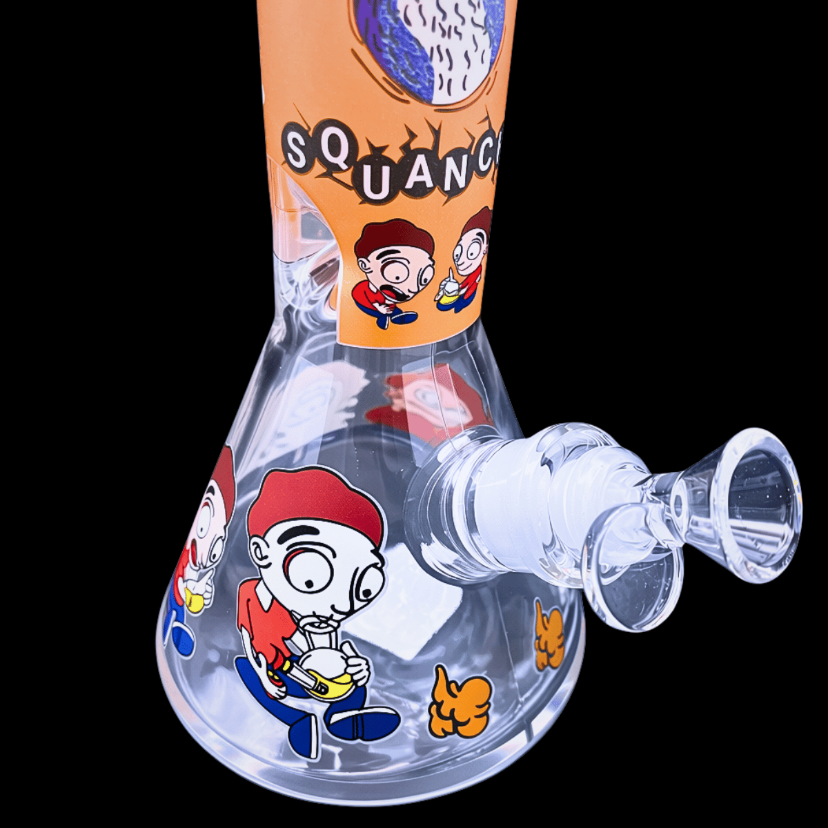 Squanchy design beaker base with character artwork, glass downstem and bowl