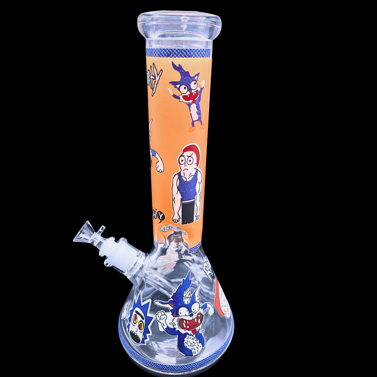 Angled view of the Squanchy glass beaker bong showing orange artwork and blue-edged base