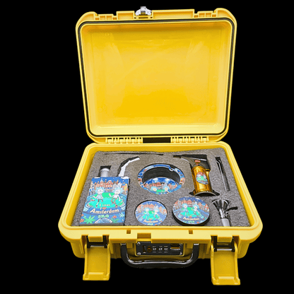 Open yellow locking case containing Rick and Morty bong accessories