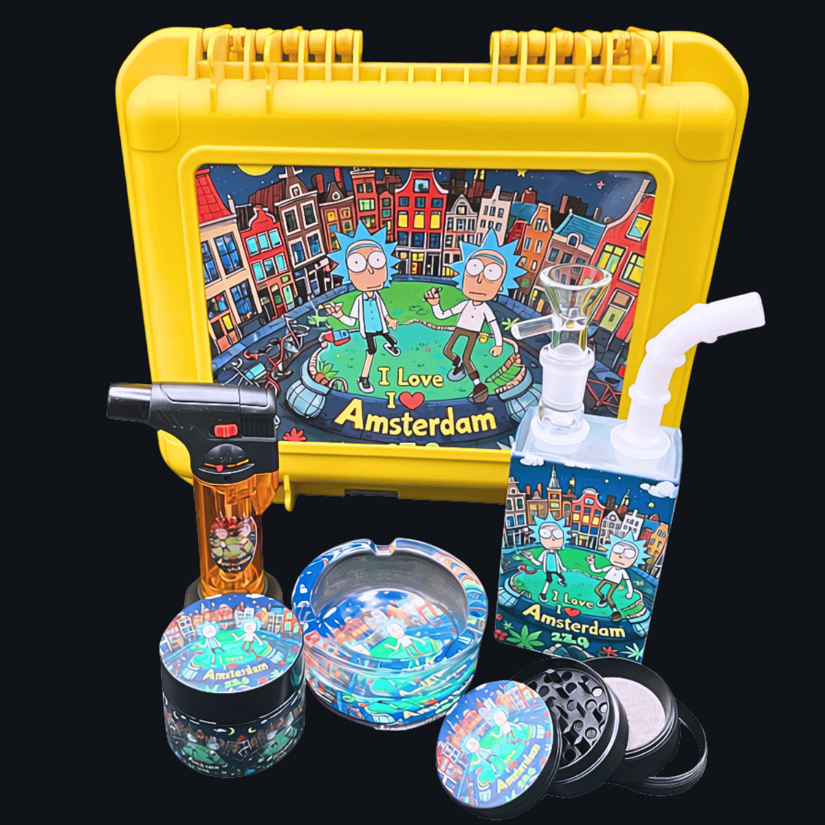 Rick and Morty Amsterdam glass bong gift set with yellow locking case and accessories