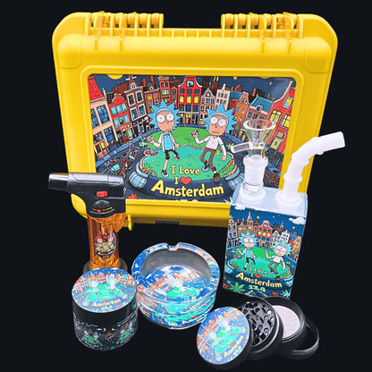 Rick and Morty Amsterdam glass bong gift set with yellow locking case and accessories