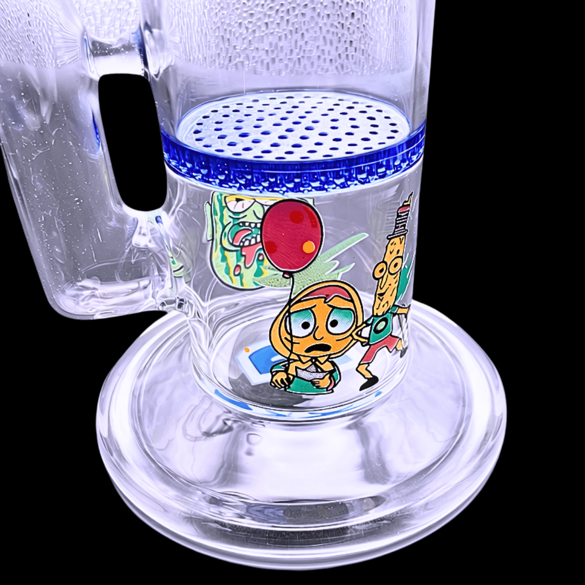 Close-up of the colourful double disc chamber and printed glass base