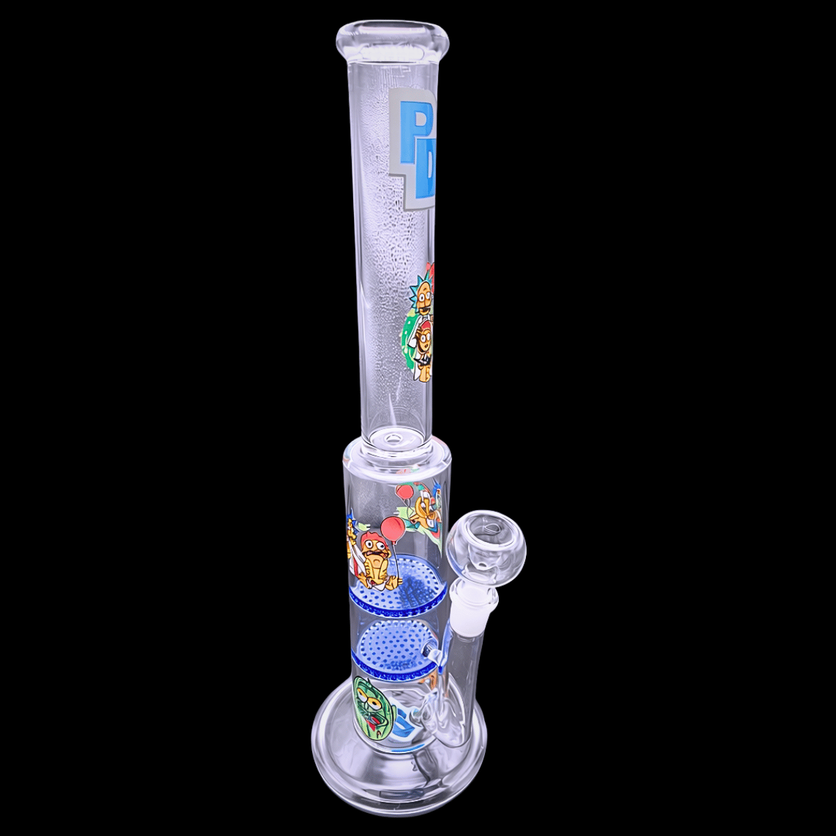 Side view of the 35.5cm cartoon-print double disc glass bong