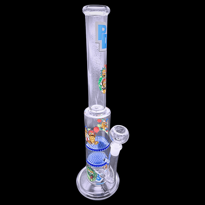 Side view of the 35.5cm cartoon-print double disc glass bong