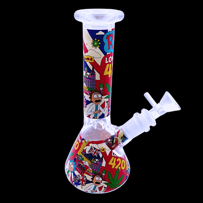 Rick and Morty London 420 glass bong with colourful cartoon artwork and glass bowl