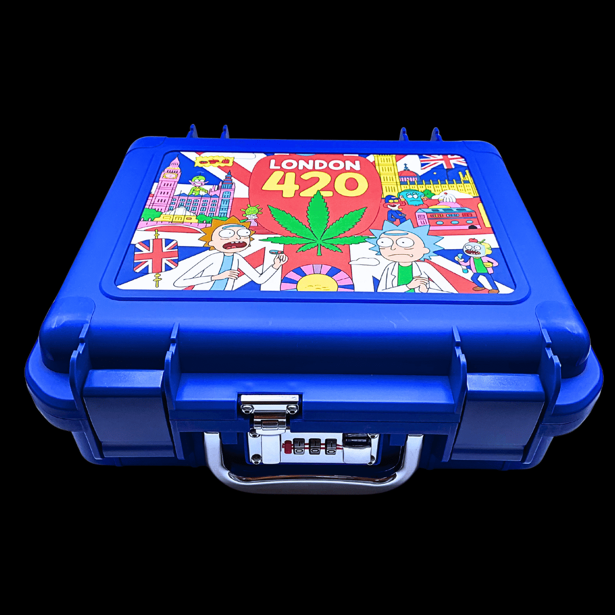 Closed blue locking hard case supplied with the Rick and Morty London 420 bong kit