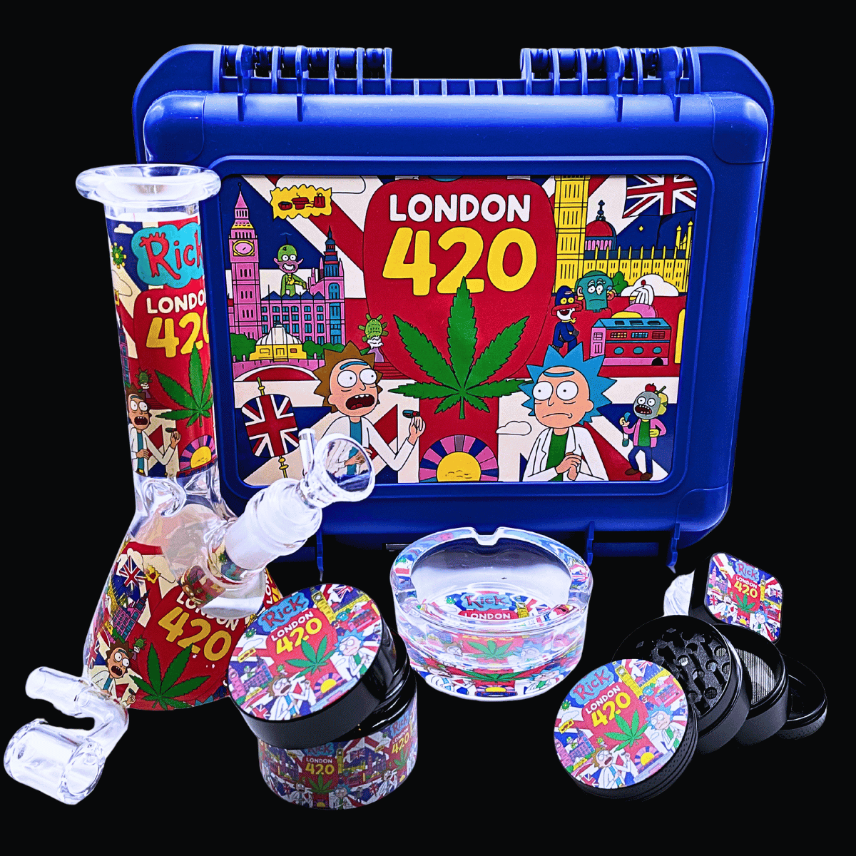 Rick and Morty London 420 bong and dab kit with blue locking case and matching accessories