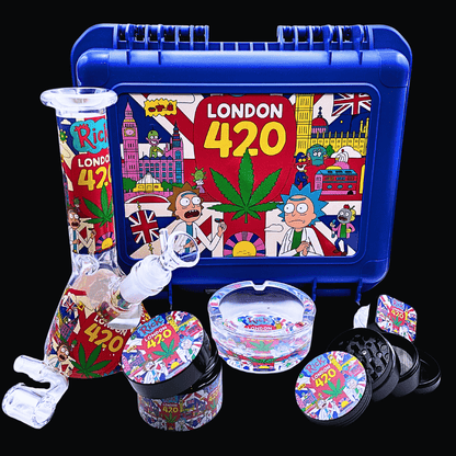 Rick and Morty London 420 bong and dab kit with blue locking case and matching accessories