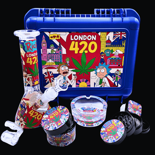 Rick and Morty London 420 bong and dab kit with blue locking case and matching accessories