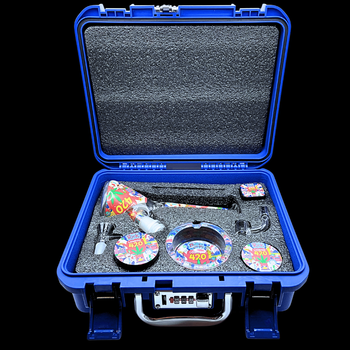 Open blue locking hard case containing the Rick and Morty London 420 bong gift set