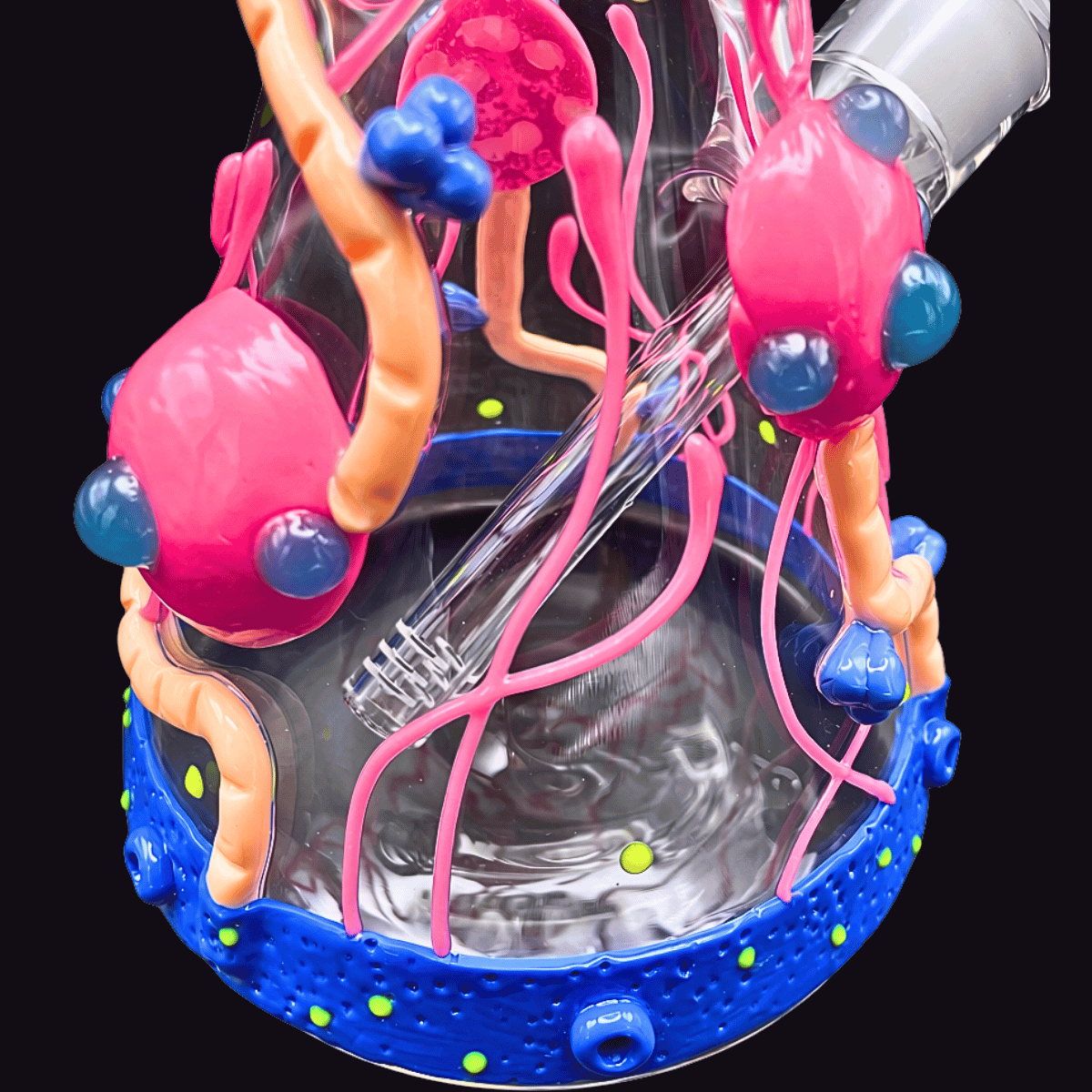 Close-up of colourful 3D artwork on the beaker base