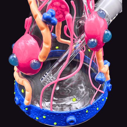 Close-up of colourful 3D artwork on the beaker base