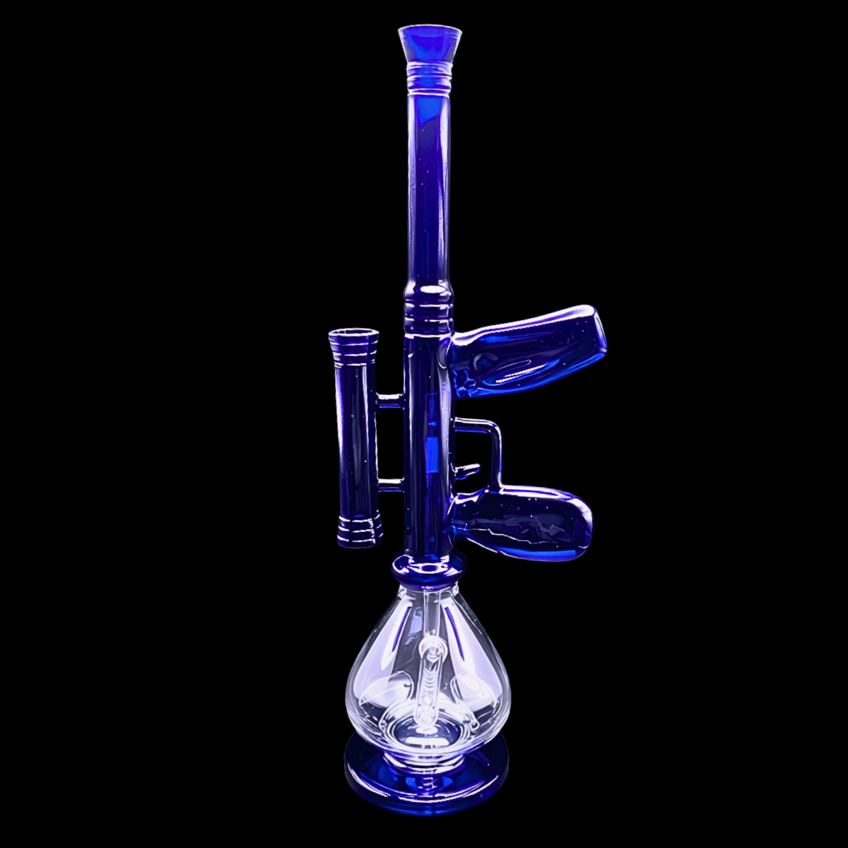Blue rifle-shaped glass bong with clear round chamber and inline percolator on a black background