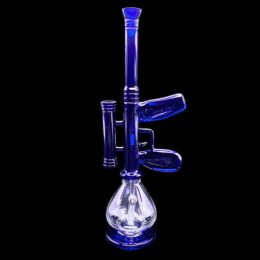 Blue rifle-shaped glass bong with clear round chamber and inline percolator on a black background