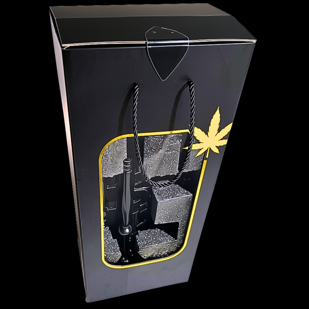 Blue rifle-shaped glass bong displayed inside its retail presentation box