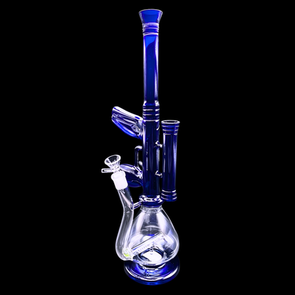  Side view of blue rifle glass bong showing the clear chamber, bowl and inline percolator