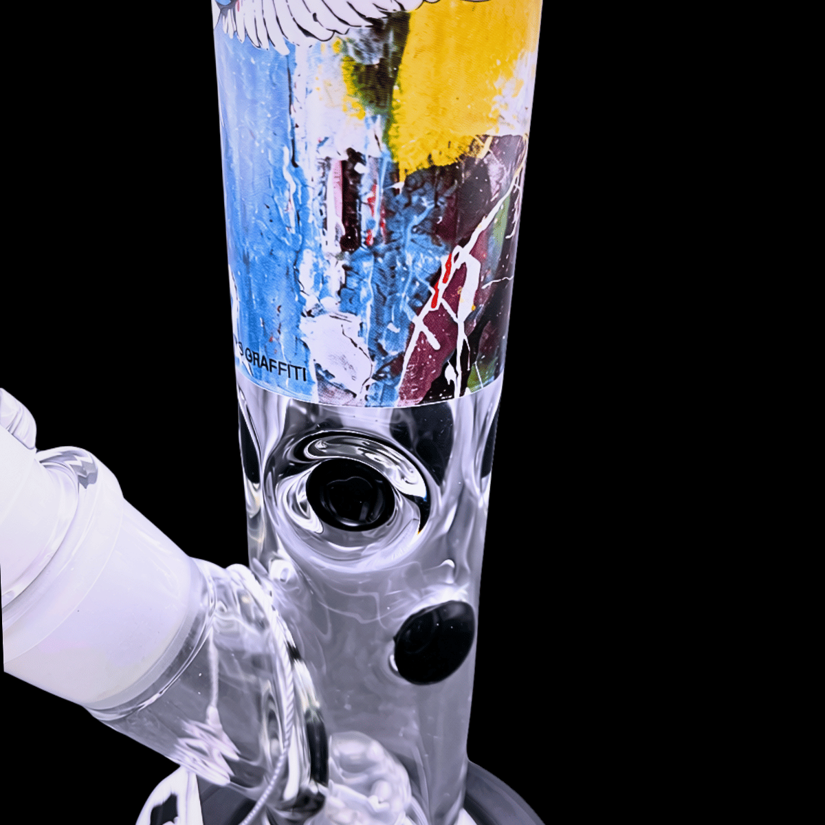 Close-up of the Bulletproof Dove street-art print and glass percolator