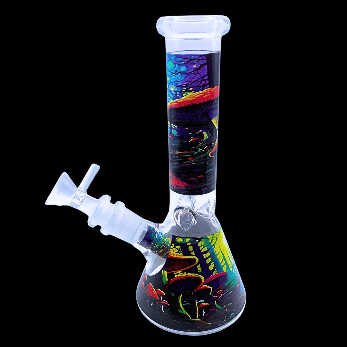 A clear glass BONG with a colorful psychedelic mushroom print