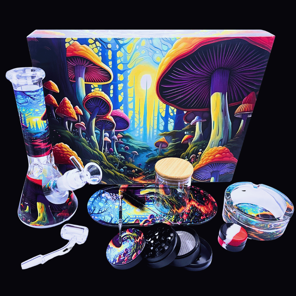 Shroom glass bong and dab kit with mushroom gift box and matching accessories