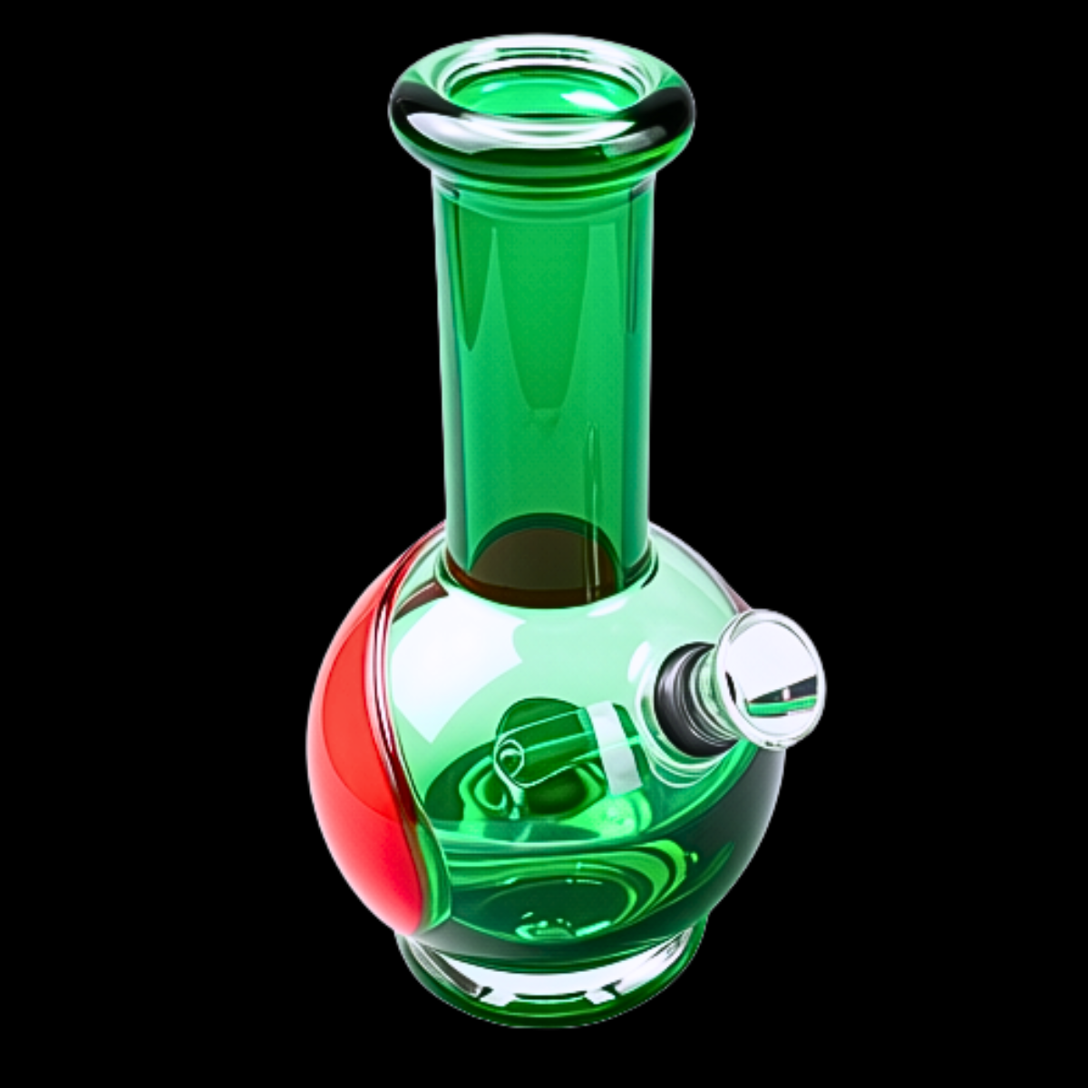 1. Green and red Shiney Helmet mini glass bong showing the side-mounted bowl