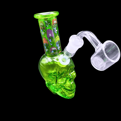 Green skull-shaped glass bong with removable banger