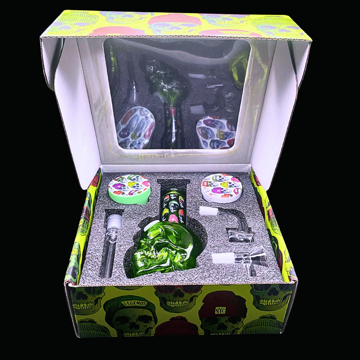 Green skull bong gift set displayed inside open presentation box