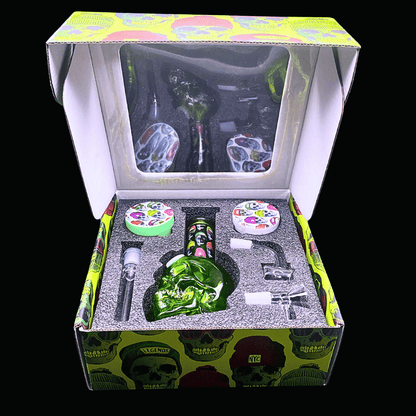 Green skull bong gift set displayed inside open presentation box