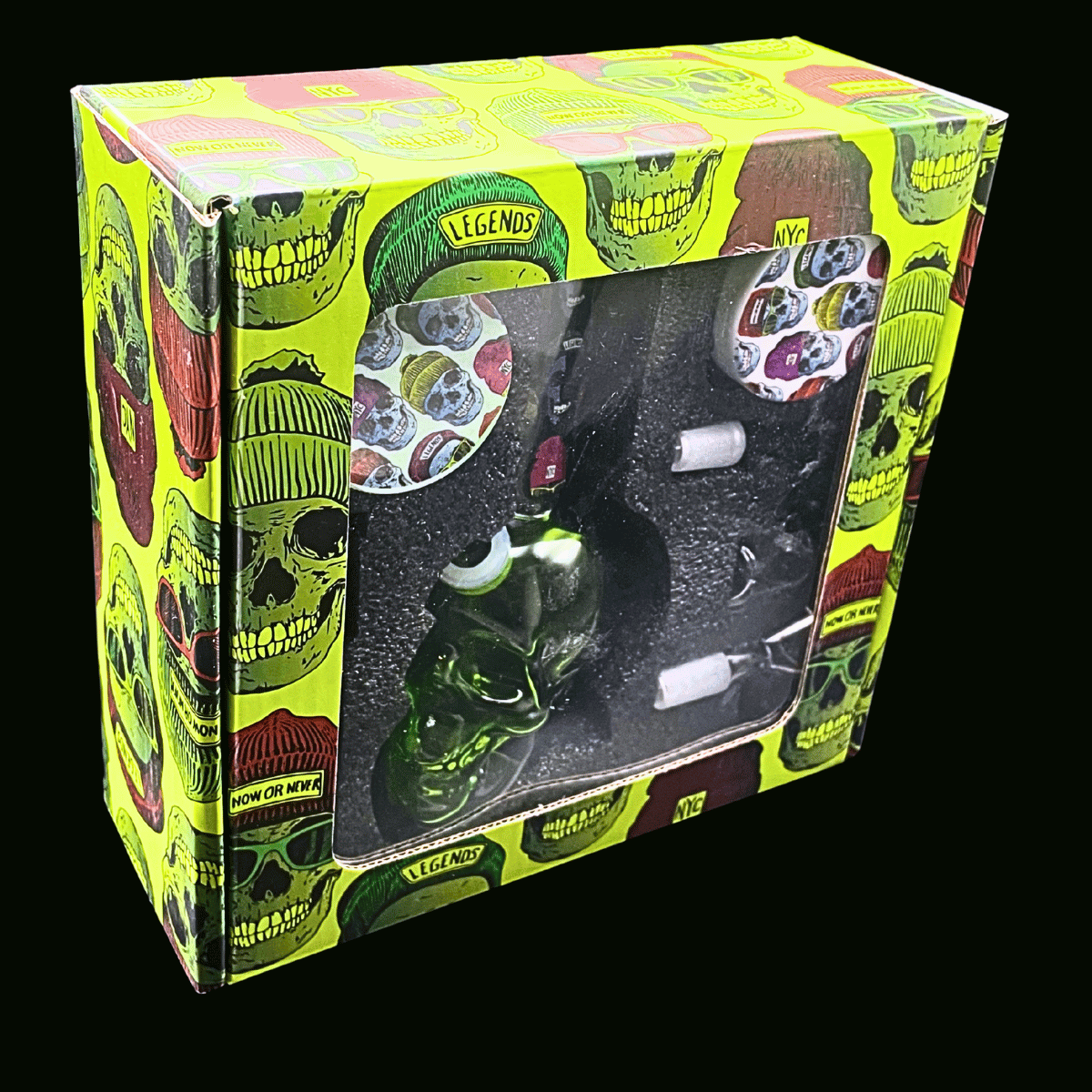 Boxed green skull glass bong smoking gift set